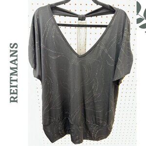 Reitmans Black Silver Sparkle metallic V-Neck Women's Top Chain Metal Size 2X